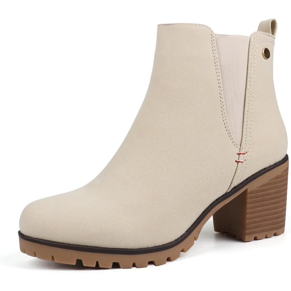 Jabasic Womens Sand Chelsea Block Heel Slip Faux Suede Classic Ankle Booties